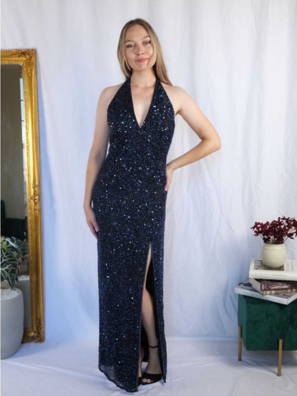 Navy Sequin Halter Evening Gown - Elegant Long Dress